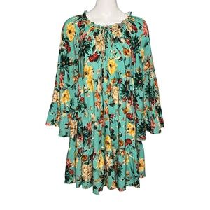 Johnny Was JADE Tiered Peasant Dress Bell Sleeve Teal Green Floral Multi sz XXS